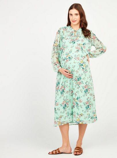 Floral Print Maternity Midi A-line Dress with Long Sleeves and Tie Ups