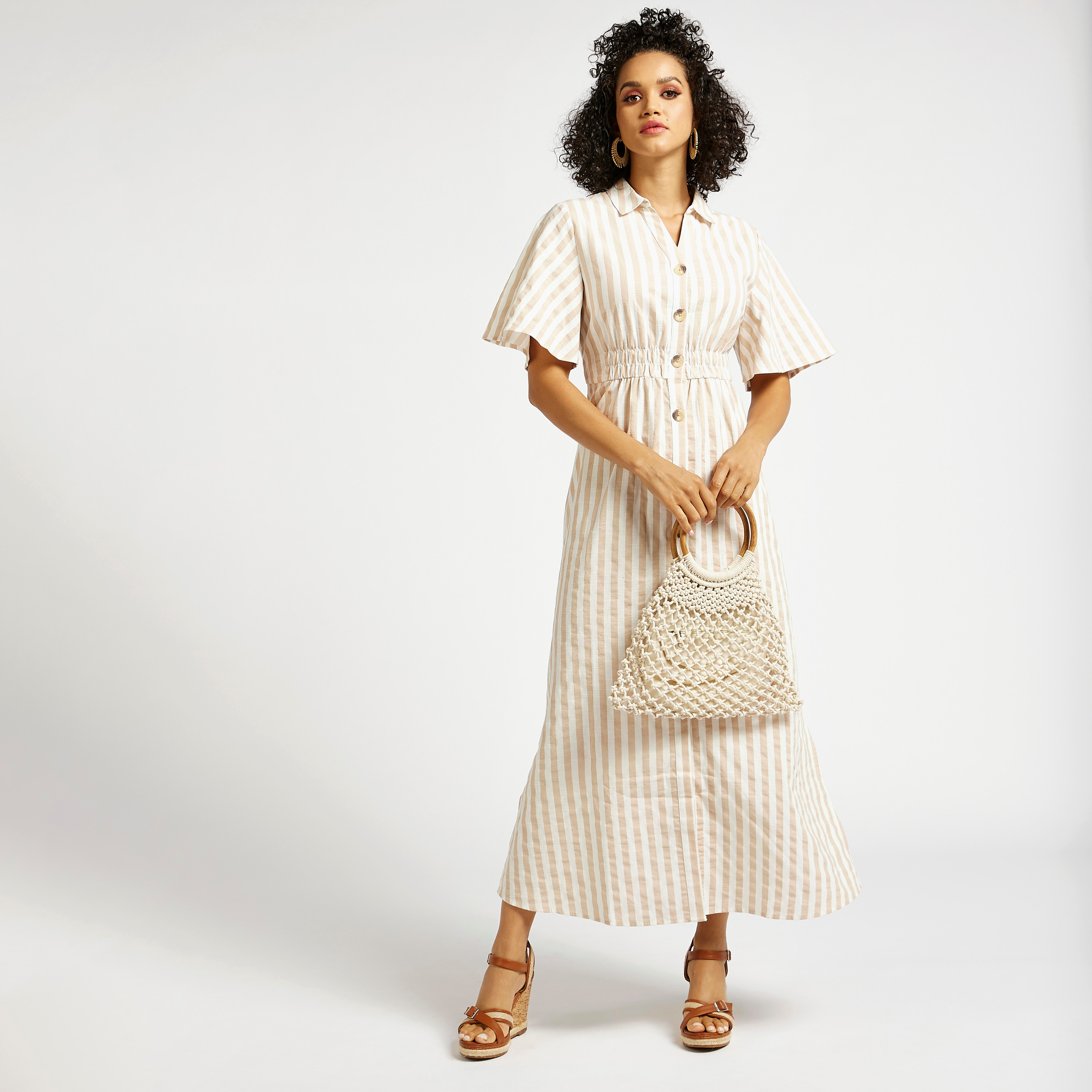 Shop Striped Maxi Shirt Dress with Flares Sleeves and Smocking Detail Online Max Bahrain