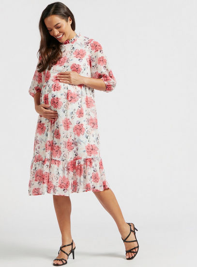 All-Over Floral Print Midi Tiered Maternity Dress with 3/4 Sleeves