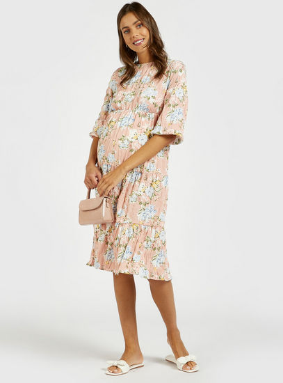 All-Over Floral Print Midi Tiered Maternity Dress with 3/4 Sleeves