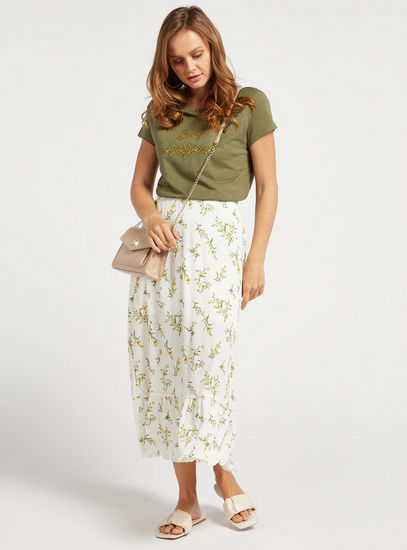 All-Over Floral Print Midi Tiered Skirt with Elasticised Waistband