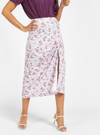 All-Over Floral Print Ruched Skirt with Elasticised Waistband