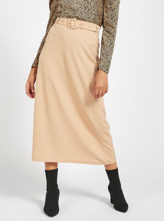 Solid Midi A-Line Skirt with Buckle Detail