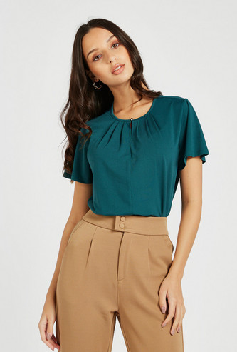 Solid Top with Pleat Detail and Short Sleeves