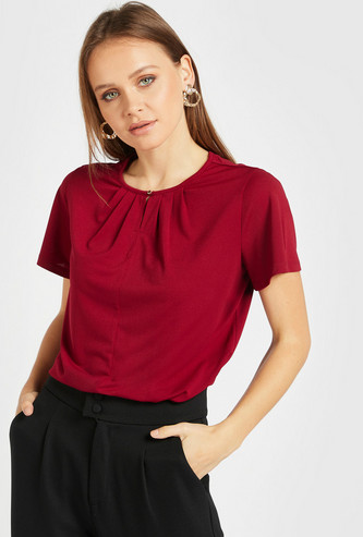 Solid Top with Pleat Detail and Short Sleeves