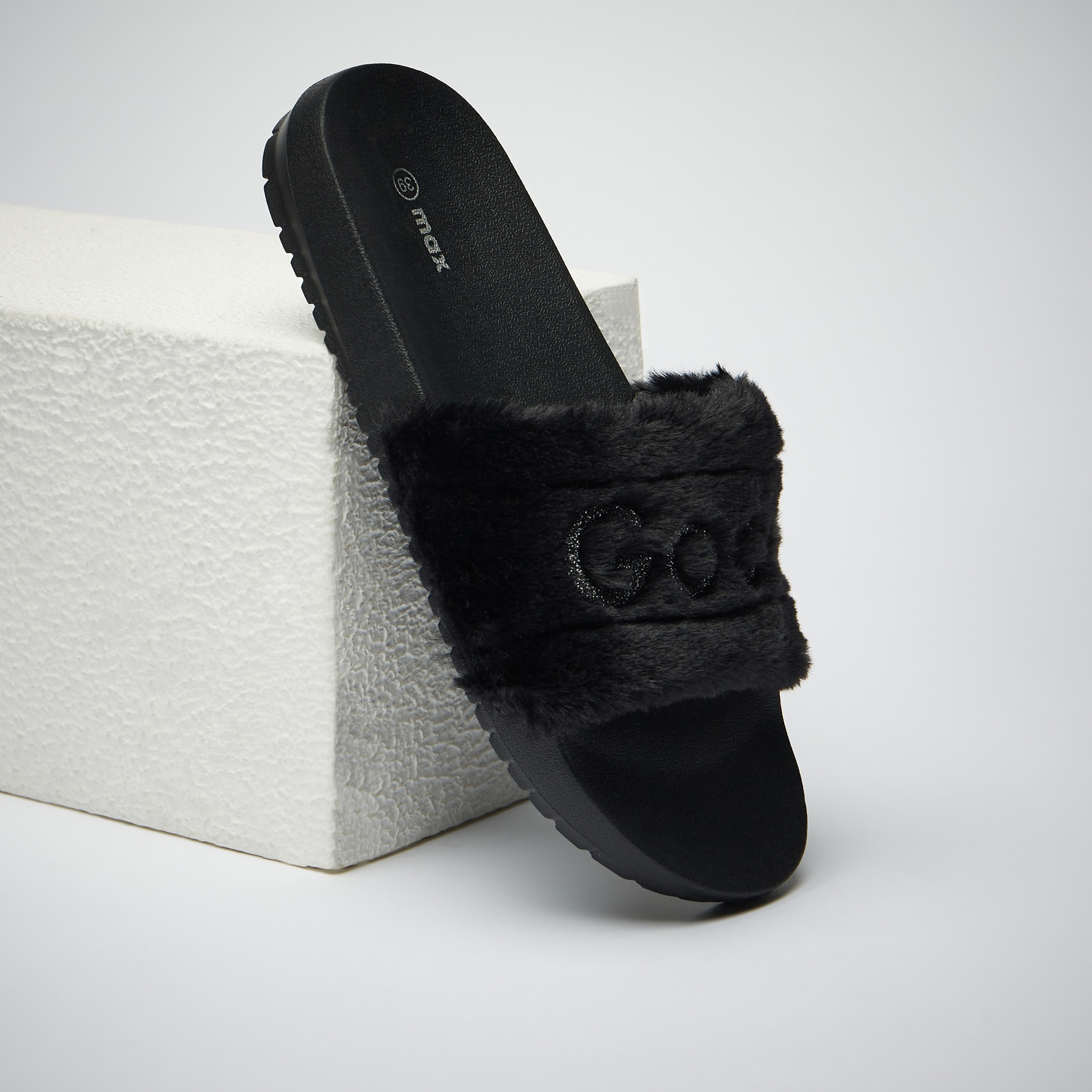 Shop Slogan Detail Faux Fur Slides Online Max Qatar