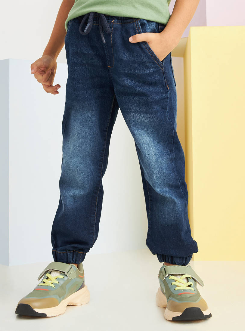 Solid Denim Joggers with Drawstring Closure and Pockets-Joggers-image-1