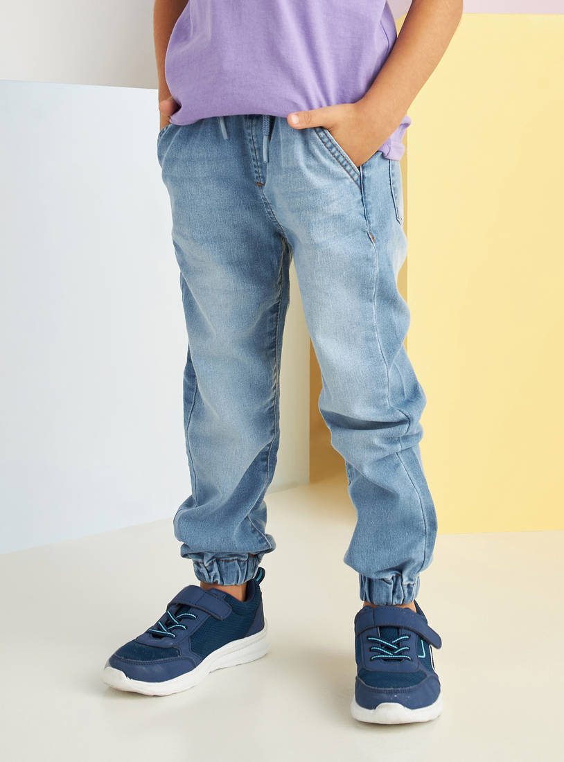 Pocket Detail Full Length Denim Joggers with Elasticised Cuffs and Drawstring-Joggers-image-1