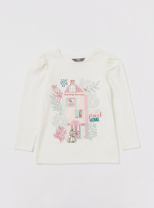 Graphic Print T-shirt with Round Neck and Long Sleeves