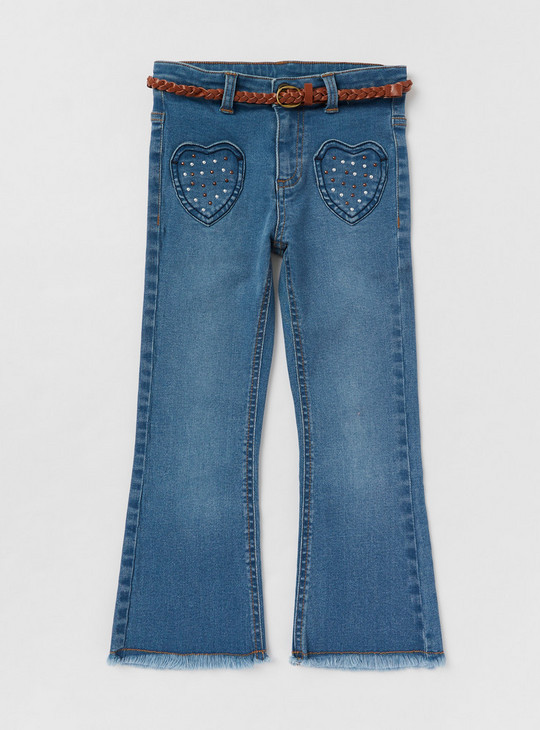 Embellished Flared Jeans with Pockets and Belt