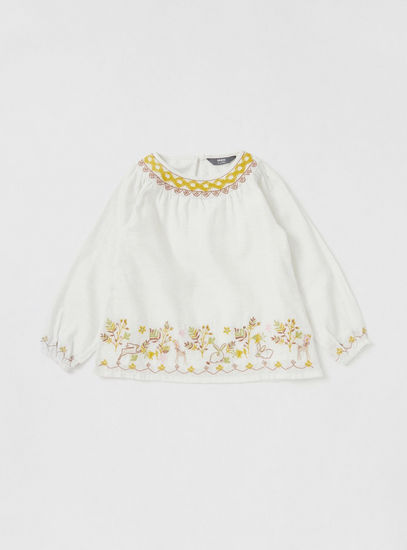 Embroidered Detail Top with Round Neck and Long Sleeves