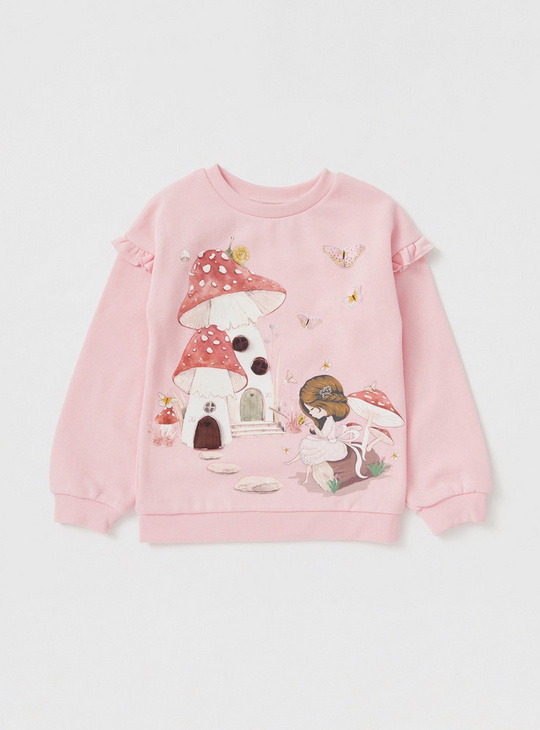 Graphic Print Sweatshirt with Long Sleeves and Frill Detail