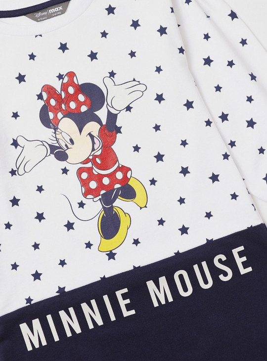 Minnie Mouse Print Knee Length Sweat Dress with Long Sleeves
