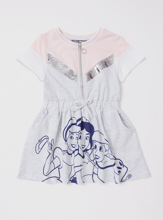 Disney Princess Printed Dress with Sequin Detail and Zip Closure