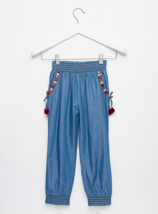 Embroidered Full Length Pants with Elasticated Waistband and Pockets