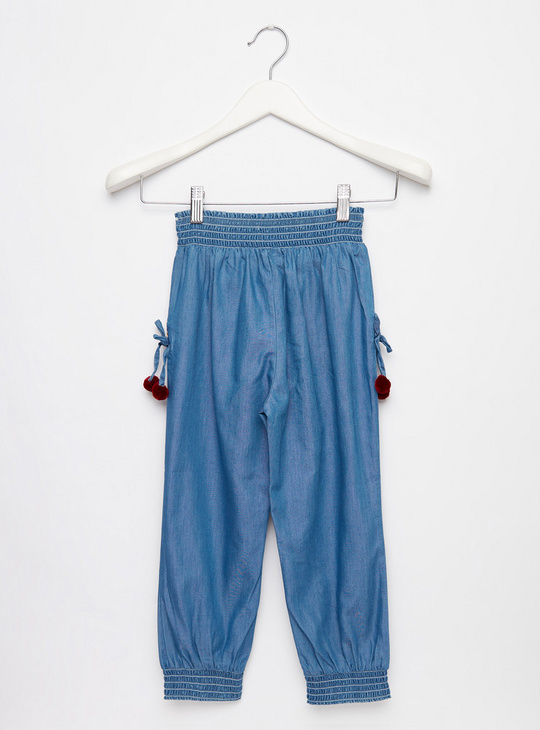 Embroidered Full Length Pants with Elasticated Waistband and Pockets