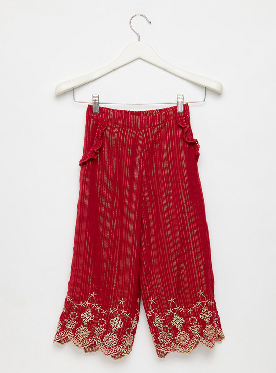 Textured Culottes with Embroidered Hem and Ruffles