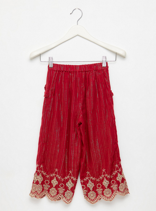 Textured Culottes with Embroidered Hem and Ruffles