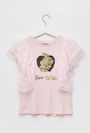 Snow White Embellished Round Neck T-shirt with Ruffles