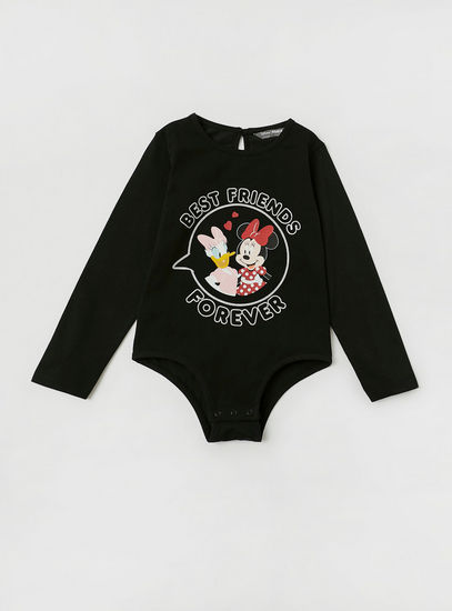 Minnie Mouse Print Bodysuit with Long Sleeves and Button Closure