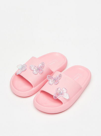 Textured Slip-On Slides with Butterfly Applique-Flip Flops-image-1