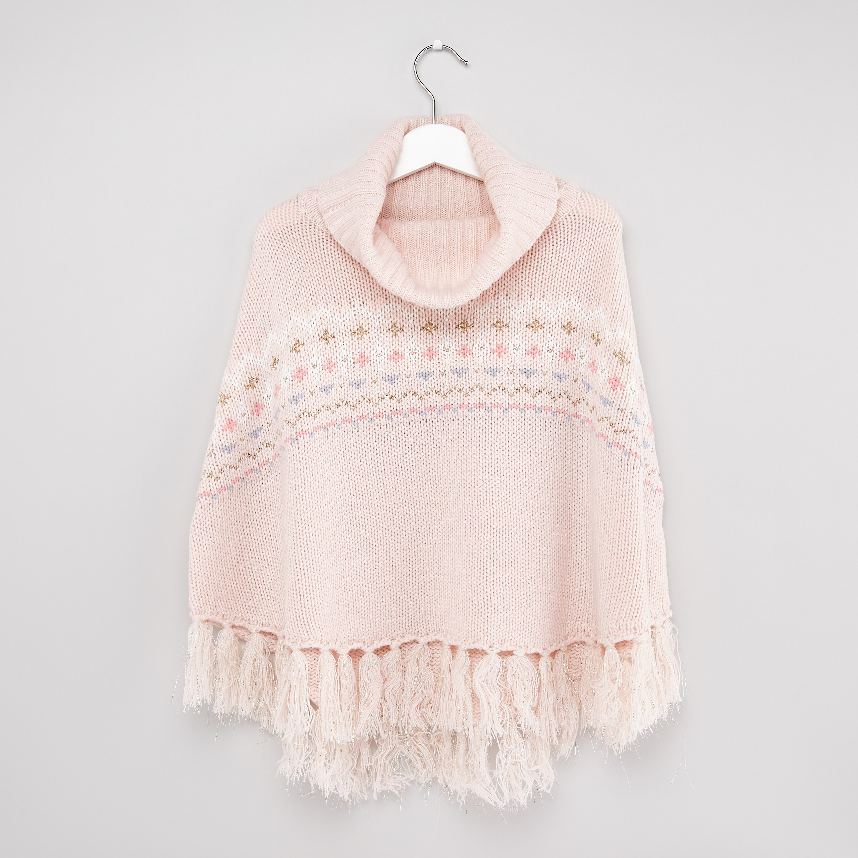 Shop Textured Poncho Sweater with Turtle Neck and Tassels Online Max Bahrain