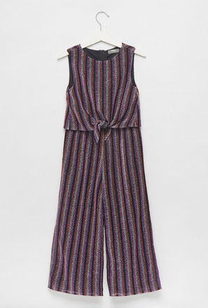 Striped Sleeveless Jumpsuit with Round Neck and Tie-Ups