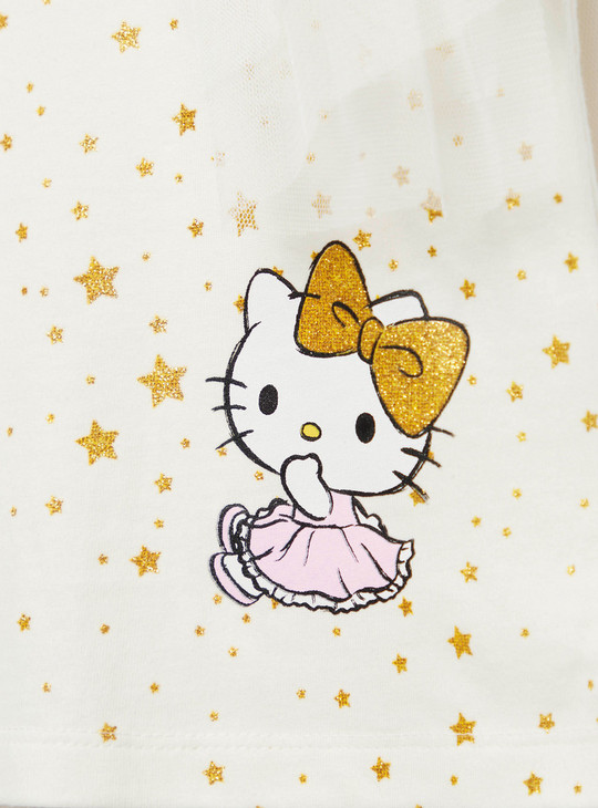 Hello Kitty Print Round Neck Top with Ruffle Detail