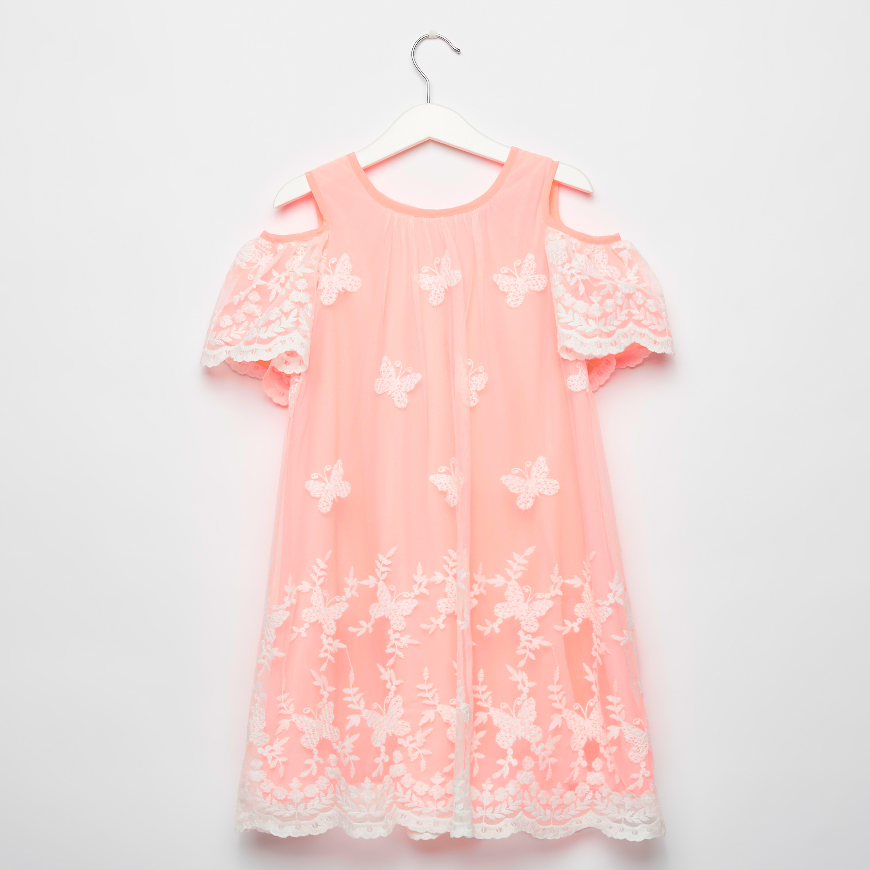 Shop Butterfly Embroidered Cold Shoulder Dress with Short Sleeves Online Max UAE