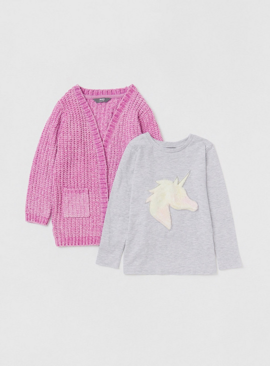 Chenille Cardigan and Unicorn Embroidered T-shirt with Long Sleeves