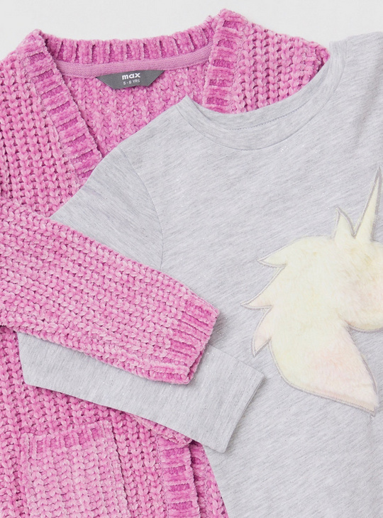 Chenille Cardigan and Unicorn Embroidered T-shirt with Long Sleeves