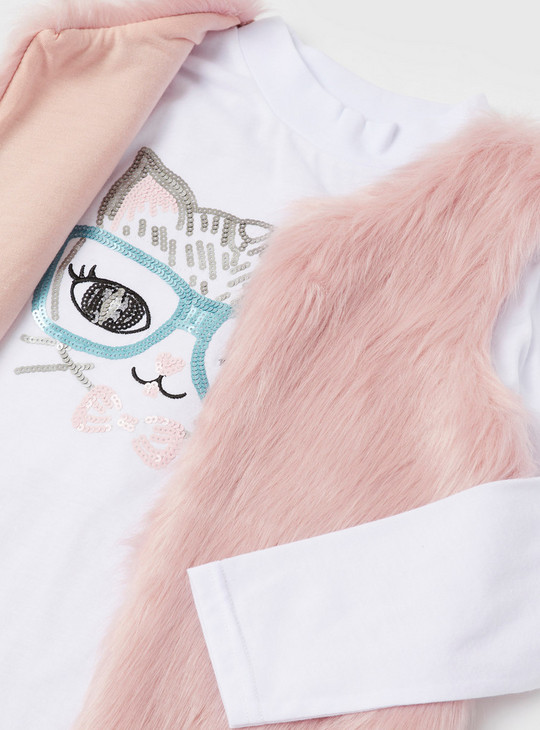 Sequin Detail T-shirt and Fur Gilet Set