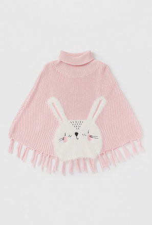 Bunny Textured Poncho with Tassel Accent and Turtle Neck