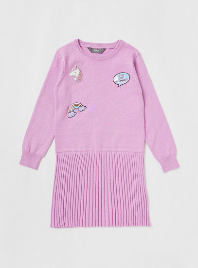 Badge Accented Sweater Dress with Crew Neck and Long Sleeves