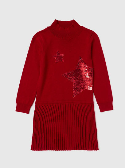 Star Embellished Sweater Dress with High Neck and Long Sleeves