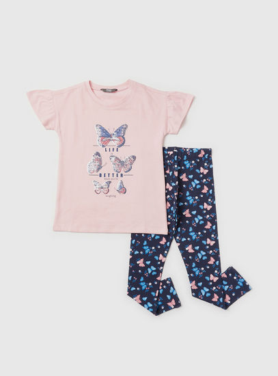 Butterfly Sequin Detail T-shirt with All-Over Print Leggings Set