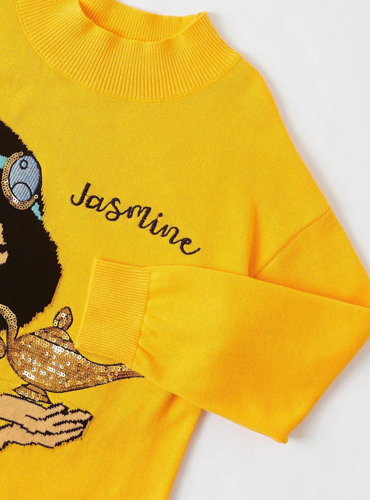 Jasmine Themed Sweater with High Neck and Sequin Detail