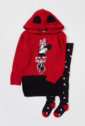 Minnie Mouse Themed Hooded Sweater Dress with Stockings