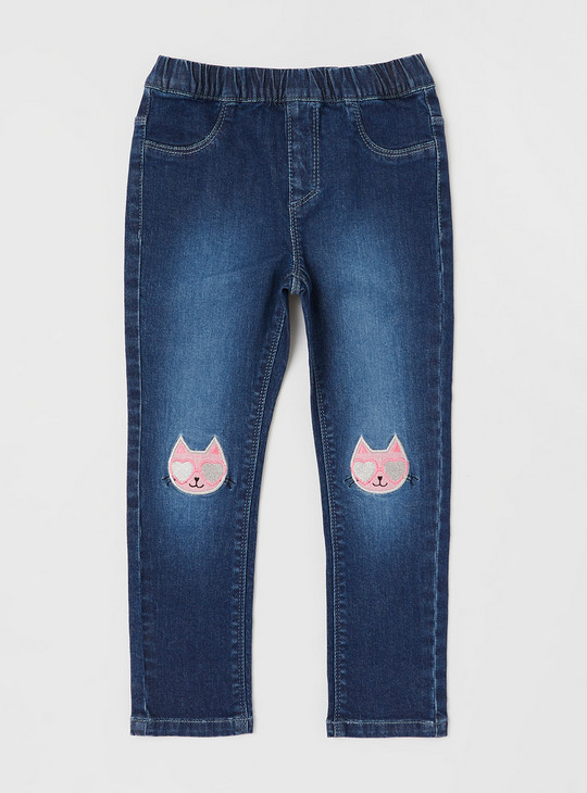 Solid Jeans with Cat Placement Embroidery