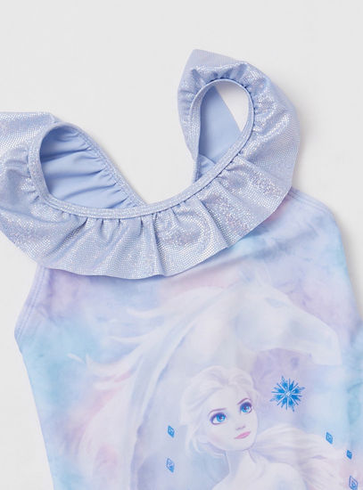Elsa Print Sleeveless Swimsuit with Ruffle Detail