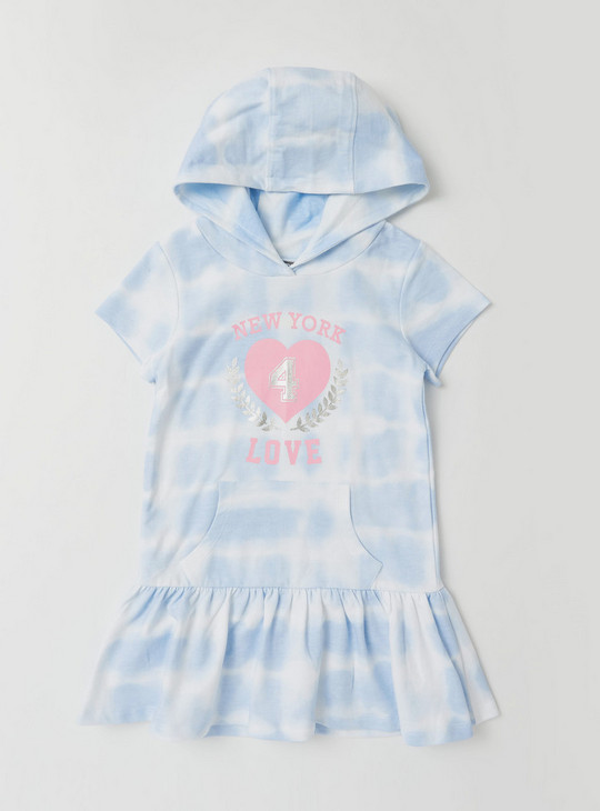 Graphic Print Tie-Dye Sweat Dress with Hood and Short Sleeves
