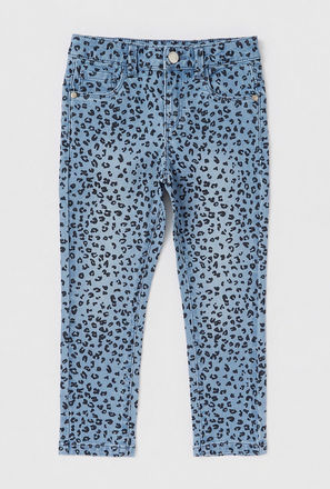 All-Over Animal Print Denim Jeans with Pockets and Zip Closure