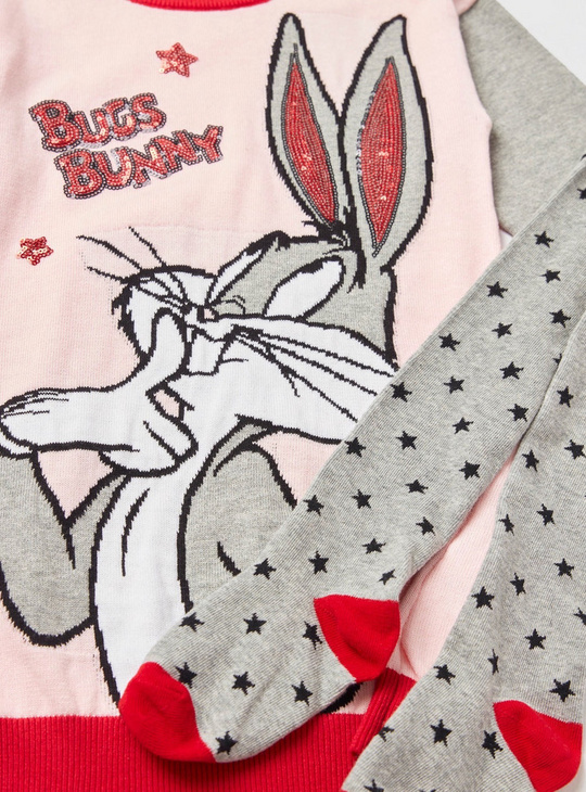 Bugs Bunny Sequin Detail Sweater Dress with Printed Stockings
