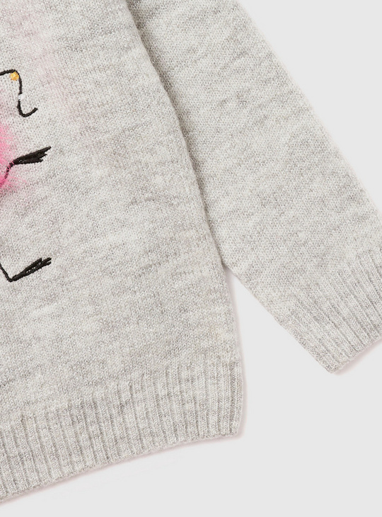 Flamingo Embellished Sweater with Turtle Neck and Long Sleeves