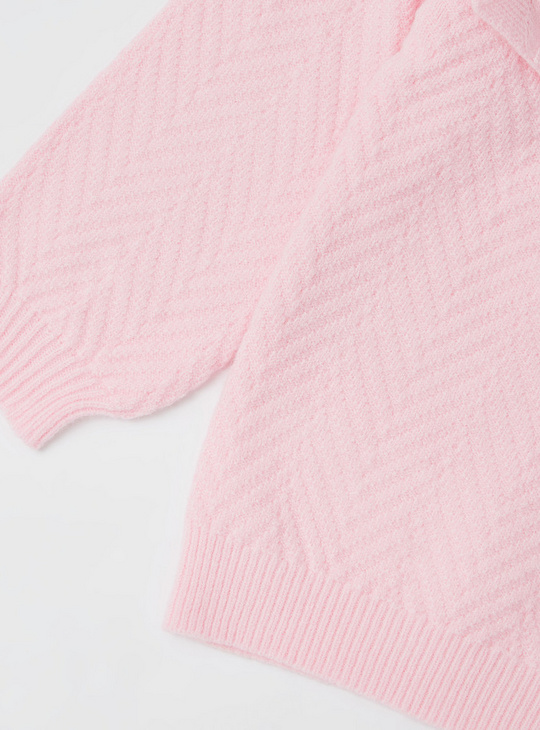 Textured V-neck Sweater with Long Sleeves and Pom-Pom Detail