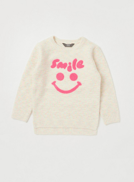 Space Dyed Slogan Detailed Sweater with Long Sleeves and Round Neck