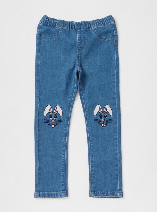 Denim Jeggings with Rabbit Embroidery and Elasticated Waistband