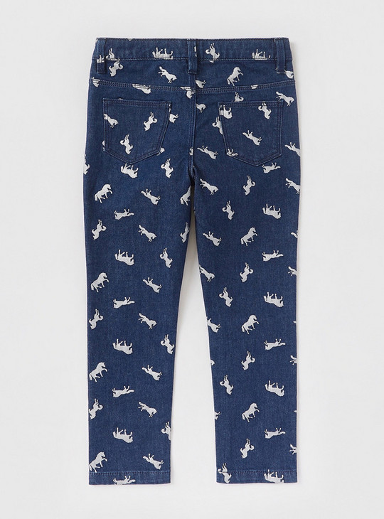Unicorn Print Jeans with Pockets and Zip Closure