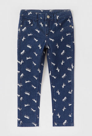 Unicorn Print Jeans with Pockets and Zip Closure