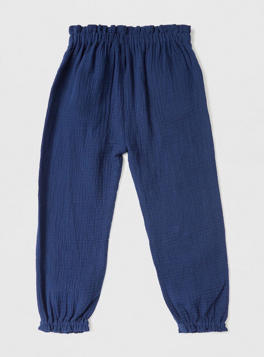 Textured Full Length Pants with Bow Accent and Elasticated Waistband